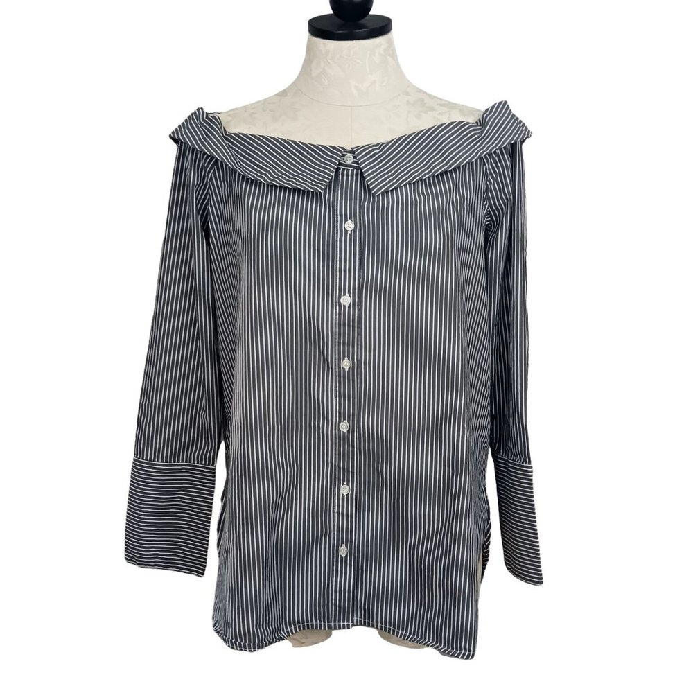Marled Reunited Clothing Off Shoulder Button Down Pin Striped Blouse Large